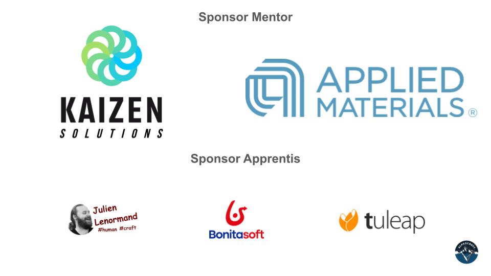 les Sponsors d'Alpes Craft 2025 : Kaizen solution, Applied Materials, Julien Lenormand, Bonitasoft, Tuleap