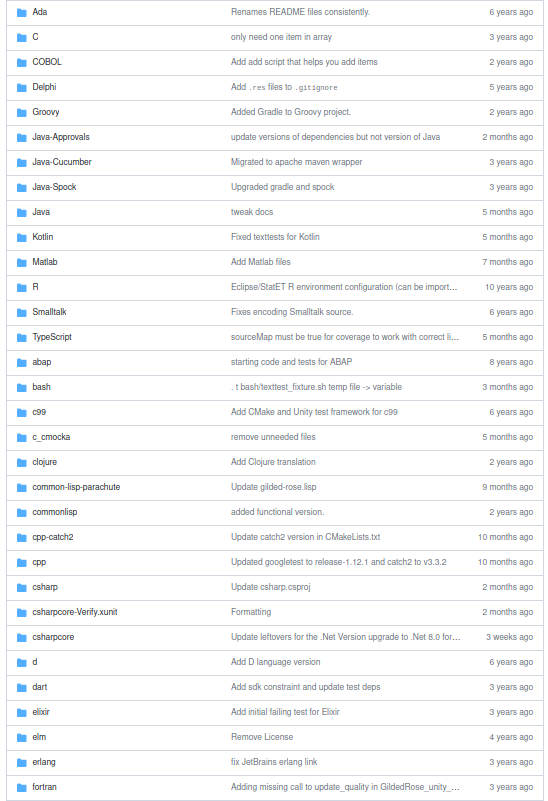 capture d'écran de la liste des languages possibles pour le gilded Rose