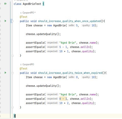 capture d'écran des tests unitaires de Aged Brie