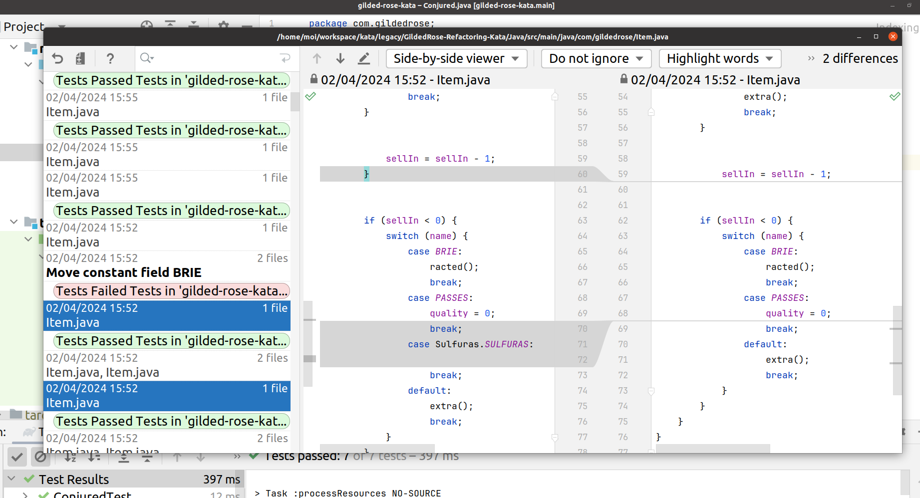 capture d'écran d'un historique local sous intellij